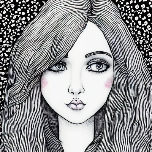 Image similar to beautiful pale redhead with giant soft dreamy eyes. Fine detailed colored ink drawing blotter art.