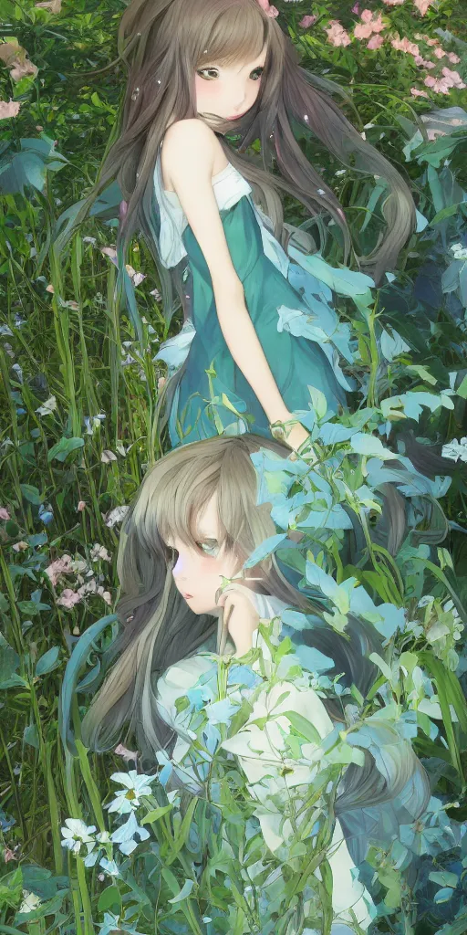 Prompt: a digital art of a loli with long hair in a dress in the privet garden at after noon, green and warm theme, blue accents, by krenz cushart and mucha and akihito yoshida and greg rutkowski and makoto shinkai, low angle, back lighting, detailed eyes, 4 k resolution, trending on art station