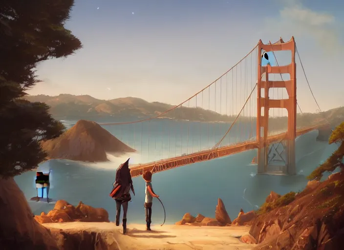 Image similar to san francisco golden gate scenery, unreal engine fantasy art by greg, loish, rhads, ferdinand, knab tom bagshaw, makoto shinkai