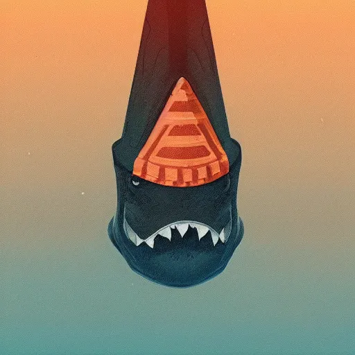 Prompt: orange striped traffic cone with shark teeth, ocean background detailed atmospheric - ron cheng & alphonse mucha, highly detailed, digital painting, ray tracing, concept art, illustration, smooth sharp focus, intricate, symmetry, artstation,