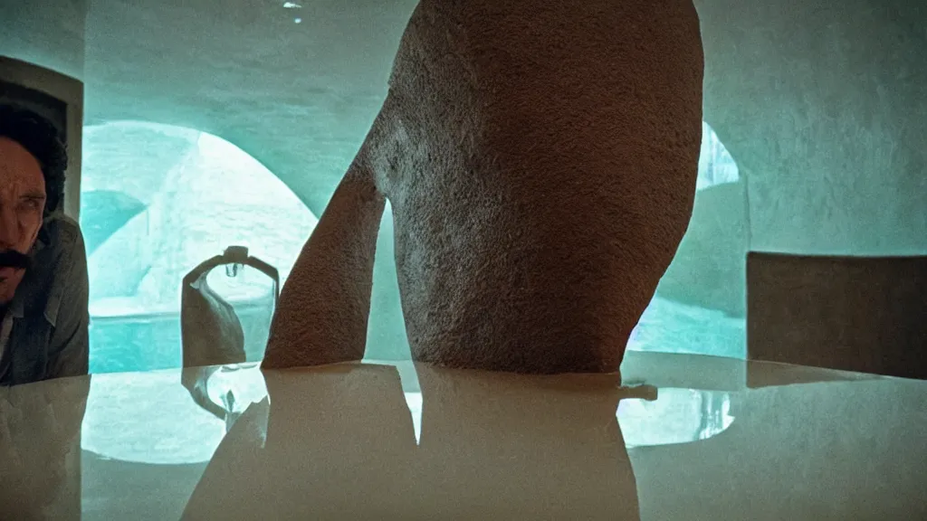 Prompt: the giant nose in the restaurant, made of water, film still from the movie directed by Denis Villeneuve with art direction by Salvador Dalí, wide lens