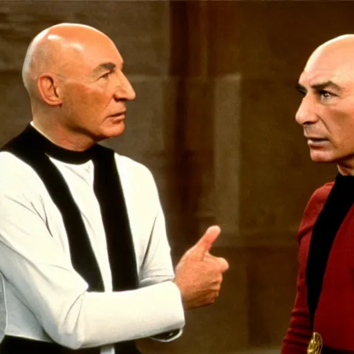 Prompt: captain jean - luc picard having a conversation with charles xaiver in ancient egypt