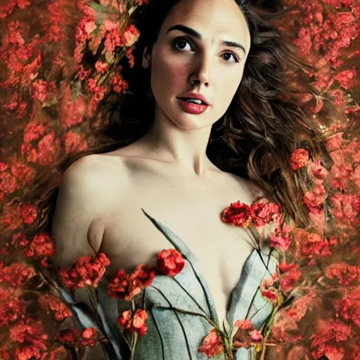 Image similar to full body fine art photo of the beauty gal gadot, she is merging from dried roses, taken by oleg oprisco