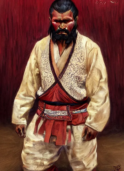 Image similar to a khuresh male wrestler!!!, tuvan national clothes!!, tuva, portrait, intricate, elegant, highly detailed, digital painting, artstation, concept art, wallpaper, smooth, sharp focus, illustration, art by artgerm and greg rutkowski and alphonse mucha