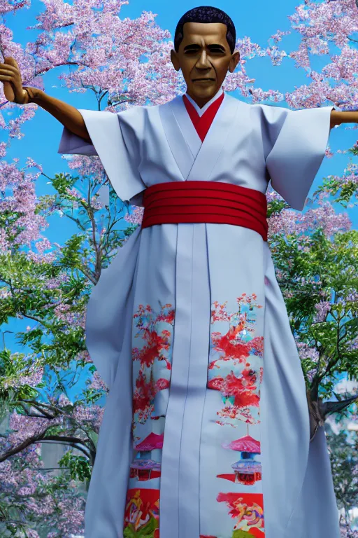 Image similar to full body 3d render of barack obama as an anime doll wearing a beautiful kimono, shinto shrine, blender, trending on artstation, 8k, highly detailed, bokeh, depth of field