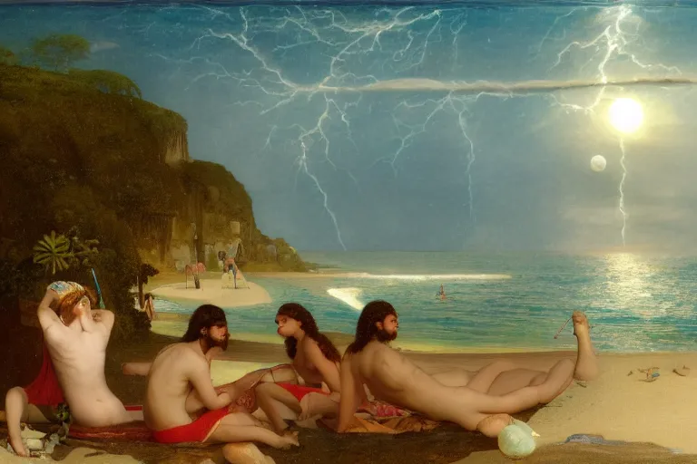 Image similar to The beach arch, refracted moon on the ocean, thunderstorm, greek pool, beach and Tropical vegetation on the background major arcana sky and occult symbols, by paul delaroche, hyperrealistic 4k uhd, award-winning, very detailed paradise