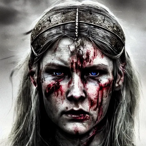 Image similar to Ultrawide realistic photo of a bloody fierce viking woman, injured by an arrow, battle-scarred mind-blowing details, highly detailed face, ethereal,, ominous, scarred, highly detailed, viking attire, cinematic, 16k, 1080s, smooth, sharp focus, by Stanley Artgermm, WLOP, trending on DeviantArt, trending on ArtStation, full of color, digital art, Smooth gradients, depth of field, shot on Canon Camera