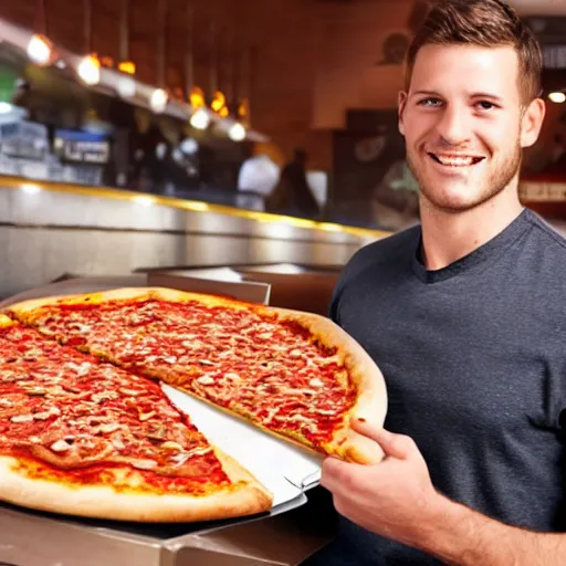 Image similar to a hockey player in a pizza restaurant