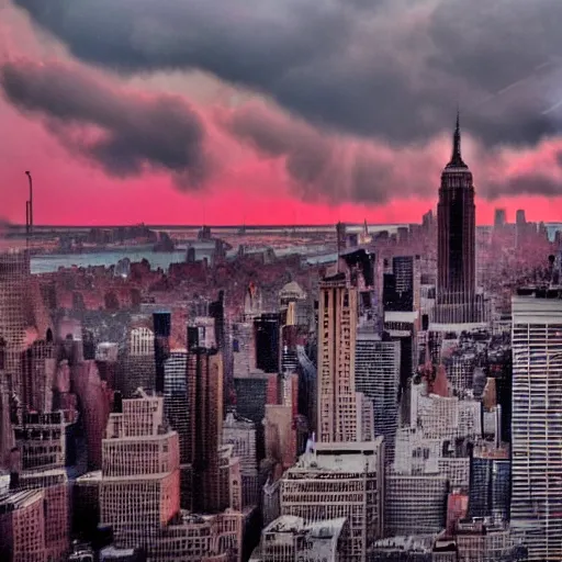 Image similar to dystopian, destroyed new york city, real, blue sky, smoke, red clouds, detailed, award winning, masterpiece, photograph, cinematic, hyperrealism