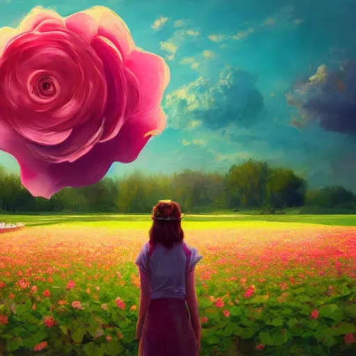 Prompt: large rose head, girl floating in a flower field, surreal photography, sunrise dramatic light, impressionist painting, colorful clouds, digital painting, artstation, simon stalenhag