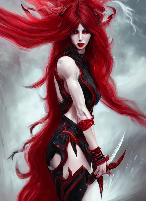 Image similar to a highly detailed illustration of fierce beautiful long white haired horned demon woman wearing red and black battle dress, dramatic power pose, perfect face, perfect body, intricate, elegant, highly detailed, centered, digital painting, artstation, concept art, smooth, sharp focus, league of legends concept art, wlop.