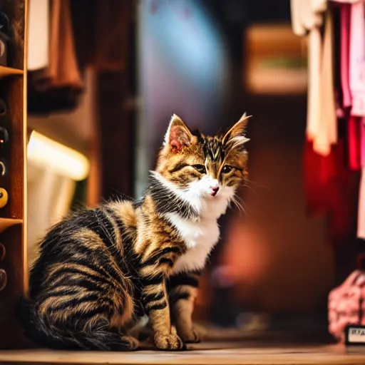 Prompt: dog and kitten hybrid inside a japanese thrift store, cinematic light, warm colours, atmospheric, bokeh, 8 k photography