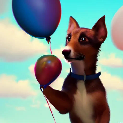 Image similar to puppy flying holding balloons, 8k, fantasy, cinematic lighting, highly detailed, digital painting, artstation, smooth, sharp focus, illustration, by Pixar