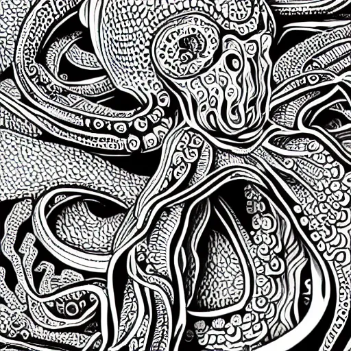 Image similar to detailed intricate black and white illustration of an alien octopus