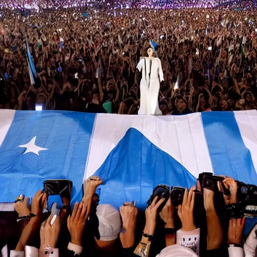 Image similar to Lady Gaga as president, Argentina presidential rally, Argentine flags behind, bokeh, giving a speech, detailed face, Argentina