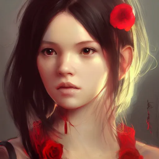 Image similar to a cute girl by ruan jia, 8 k, closeup headshot, smooth, trending on artstation, black long hair, a red flower in her hair