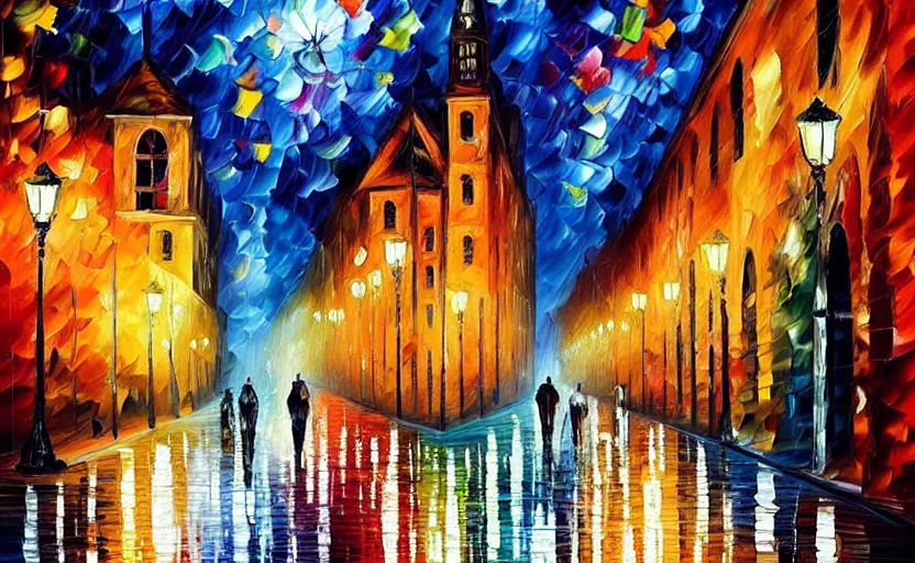 Prompt: walking downtown at night by leonid afremov, oil painting on canvas, intricate details!!!, fine brush!!!!!!