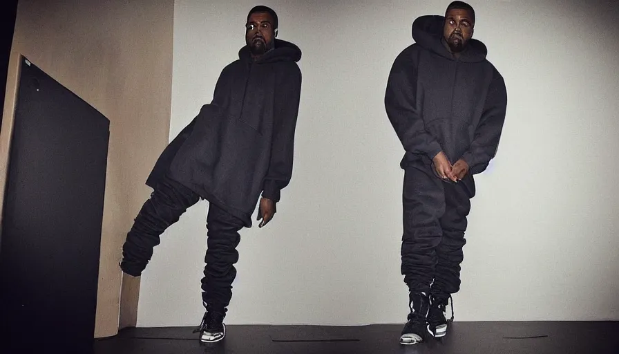 Prompt: high quality studio photo shoot of a kanye west modelling yeezy futuristic hoddle. final product shot, all round angle. trending on futuristic fashion instagram.
