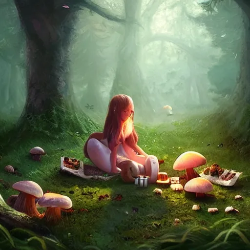 Image similar to a cute picnic in a mushroom forest. dramatic lighting, cgsociety masterpiece, artstation trending, greg rutkowski, 4k, digital art, concept art