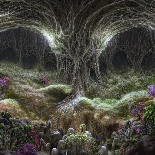 Prompt: biocomputer heart organ intertwined with white biocomputer flowers and biomechanical flowers in a cave robotic forest, intricate environment, matte painting, diffused lighting, highly detailed cinematic, atmosphere, diffused lighting, highly detailed digital art, trending on artstation, depth of field, wide angle