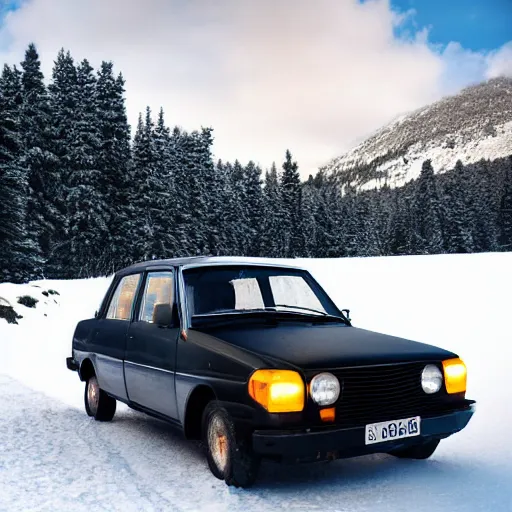 Prompt: a black lada in the snowy mountains, ptomotional photograph, natural, hdr, golden hour