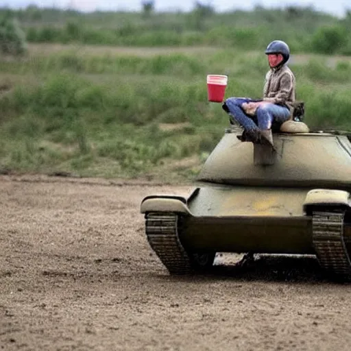 Image similar to a horse riding a tank while drinking a coffe and eating a turtle while driving a truck