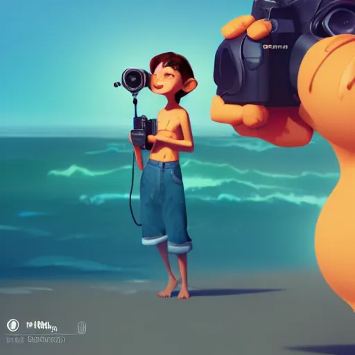 Image similar to monkey holding a camera in the Beach, mattepainting concept Blizzard pixar maya engine on stylized background splash comics global illumination lighting artstation lois van baarle, ilya kuvshinov, rossdraws