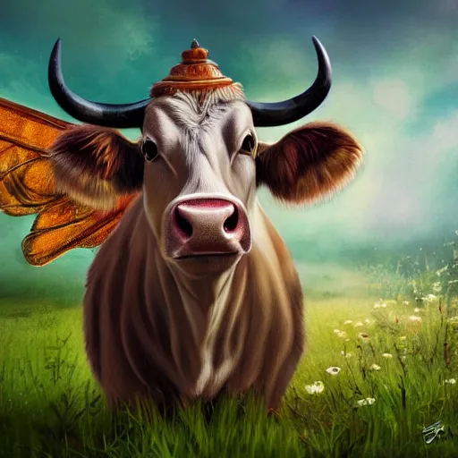 Image similar to Cow with fairy!!!!! wings, full-body portrait, trending on arstation, photorealistic resolution, 4k, 8k