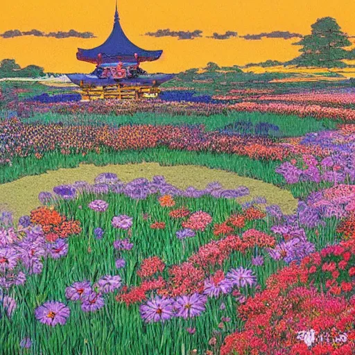 Prompt: a beautiful painting of a large exquisite mystical shrine in a field of flowers by moebius and studio ghibli