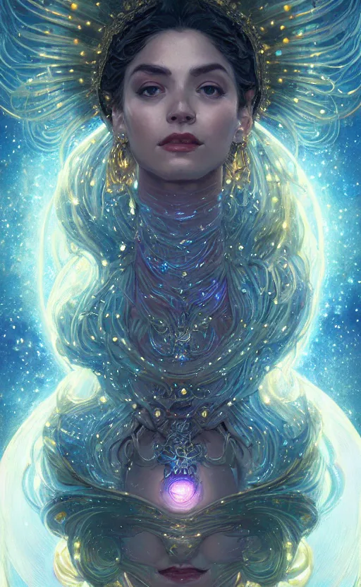 Image similar to portrait of a cosmic goddess, suit made out of stars and galaxies and cosmic energy, intricate, headshot, highly detailed, digital painting, artstation, concept art, sharp focus, cinematic lighting, illustration, art by artgerm and greg rutkowski, alphonse mucha, cgsociety