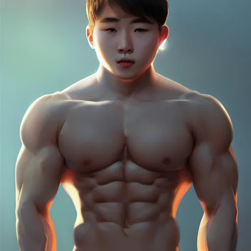 Image similar to a korean bodybuilder college boy, bokeh, beautiful face!!!!, 2 3 years old, cg animation, lifelike, animated, realistic, character select portrait, by artgerm, greg rutkowski, alphonse mucha, 3 d