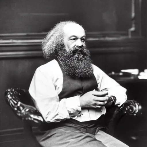 Image similar to Karl Marx dressed as a Starbucks Barista, photograph