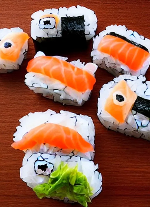 Image similar to clear photorealistic picture of adorable cats made out of sushi