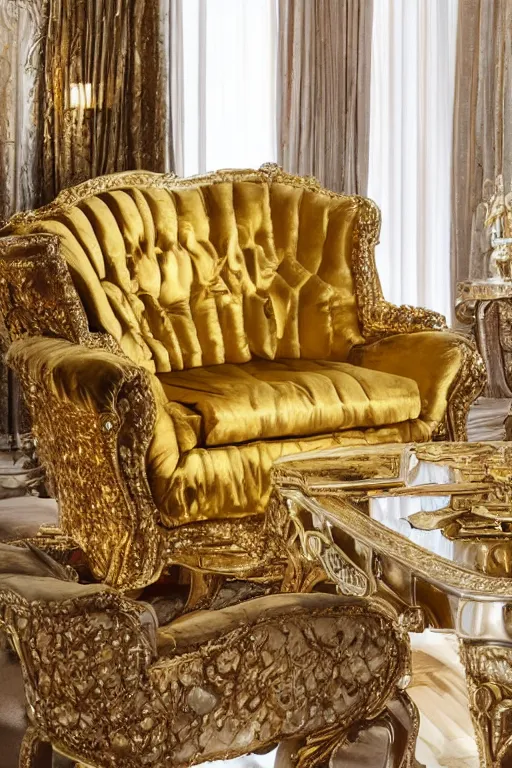 Prompt: a golden chair covered with diamonds