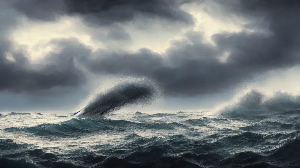 Image similar to small boat a stormy sea, giant waves, lightning in the background, soft digital painting, highly detailed, artstation, sharp focus, illustration, concept art, ruan jia, oil painting, 4 k