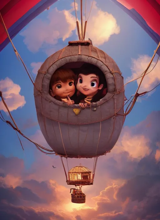 Prompt: a photo of little cute hipoppotamus inside a hot air balloon in world adventure movie by nuri iyem, james gurney, james jean, greg rutkowski, anato finnstark. pixar. hyper detailed, 5 0 mm, award winning photography, perfect faces