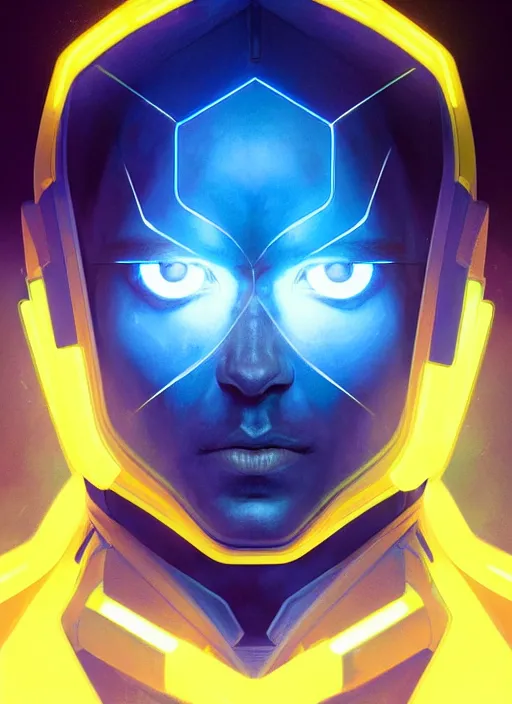 Prompt: symmetry!! portrait of a strong man, sci - fi, tech wear, blue and yellow glowing lights!! intricate, elegant, highly detailed, digital painting, artstation, concept art, smooth, sharp focus, illustration, art by artgerm and greg rutkowski and alphonse mucha