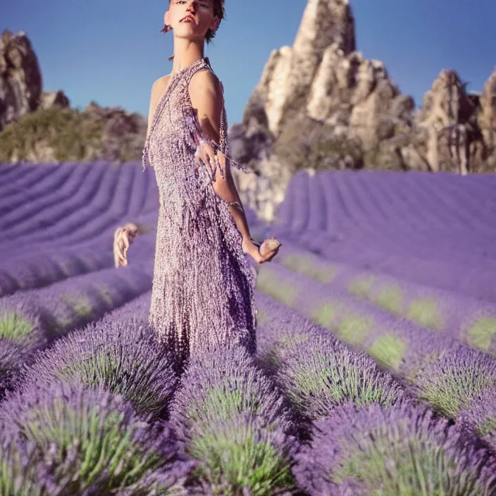 Image similar to a woman with a dress made of lavender chains standing next to water, golden hour, vogue magazine