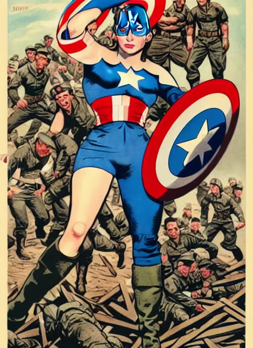 Prompt: beautiful female captain america standing on a pile of defeated, beaten and broken german soldiers. feminist captain america faces hitler. american wwii propaganda poster by james gurney and pixar. gorgeous face. long braids.