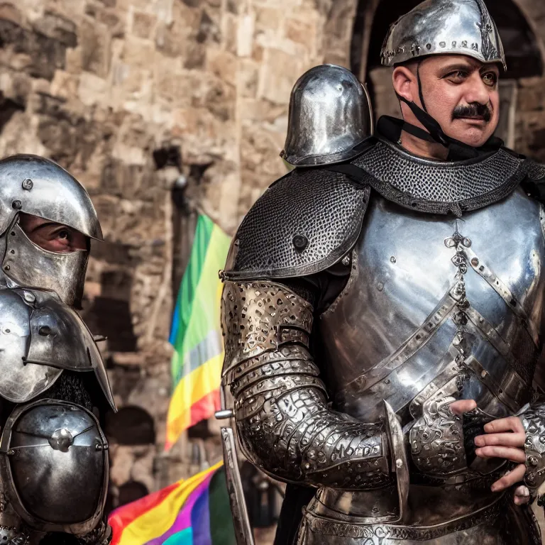 Prompt: High quality photograph from a middle aged Latin man with short hair, with facial hear, wear a medieval knight armor with open helmet, stands inside a queer pride rainbow bar UHD 8K