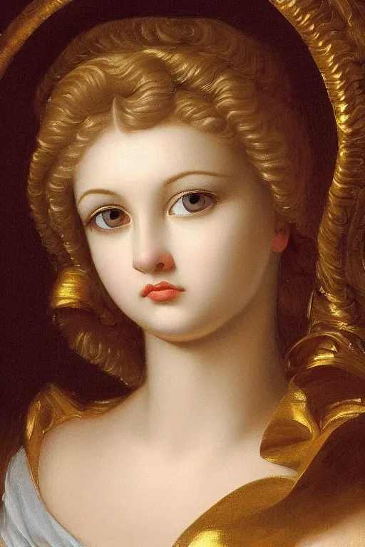 Image similar to Beautiful girl, calm face, closeup, ultra detailed, made in gold, Guido Reni style