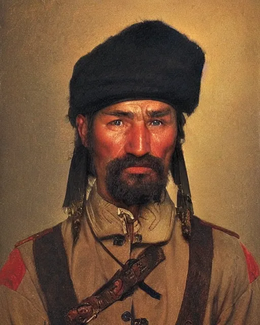 Prompt: realist portrait of a cossack by andrey shishkin, highly detailed, oil on canvas