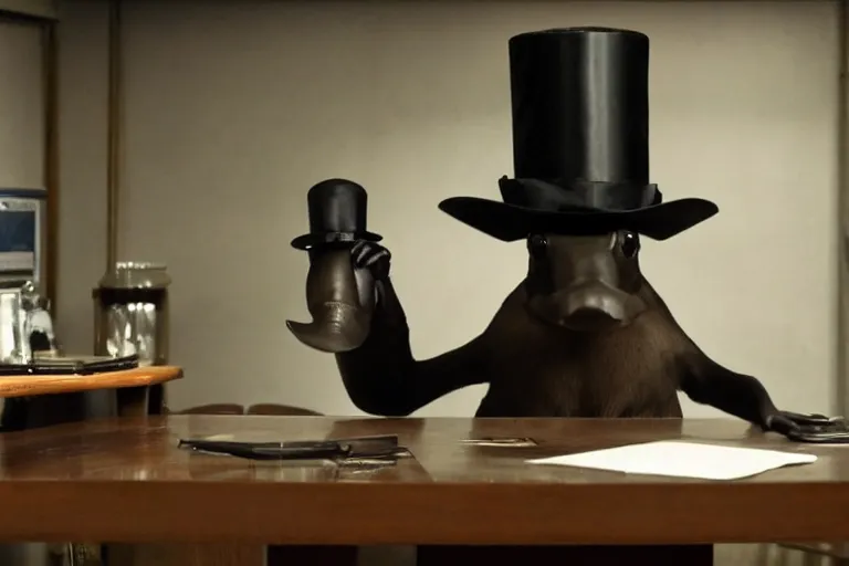 Prompt: platypus wearing top hat on a table in police station by Roger Deakins