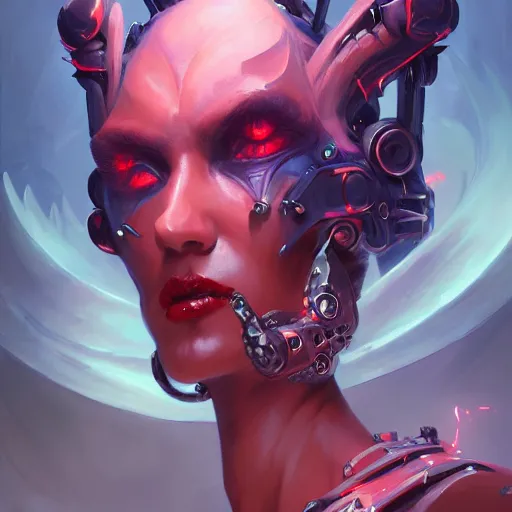 Prompt: a portrait of a beautiful demonic cybernetic grand duchess of hell, cyberpunk concept art by pete mohrbacher and wlop and artgerm and josan gonzales, digital art, highly detailed, intricate, sci-fi, sharp focus, Trending on Artstation HQ, deviantart, unreal engine 5, 4K UHD image