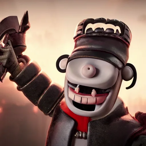 Image similar to scary Godlike masked and helmeted samurai in the style of Wallace and Gromit , award winning , post processing , suspenseful , masterpiece , octane rendered