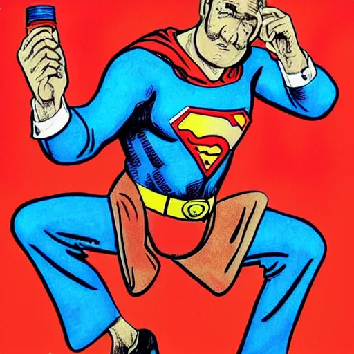 Prompt: The Artwork of R. Crumb and his Cheap Suit Jewish Superman, pencil and colored marker artwork, trailer-trash lifestyle