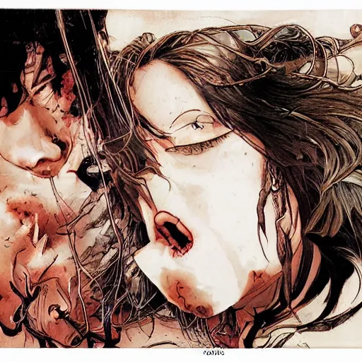 Image similar to closeup of vampire kiss, by yoichi hatakenaka, masamune shirow, josan gonzales and dan mumford, ayami kojima, takato yamamoto, karol bak