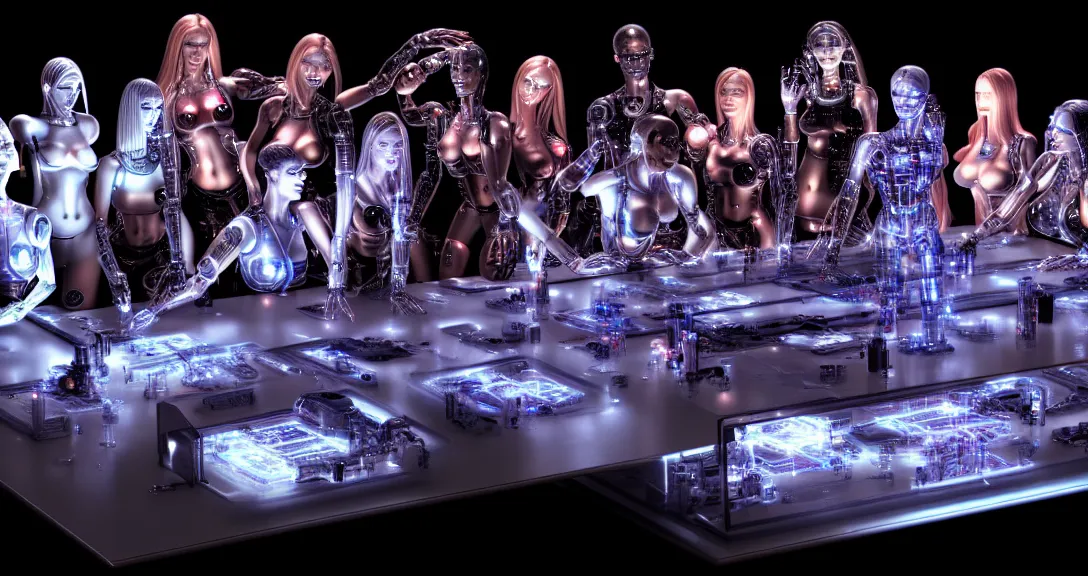 Prompt: beauty, 13 diverse cyborgs on one_side of a reflective !cybernetic table, posing_as_last_supper, inticrate detailed glowing implants, highly detailed, dramatic lighting, electrical details, high details, beautiful lighting