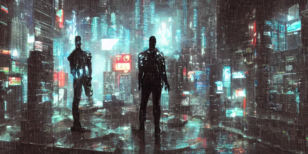 Image similar to cyberpunk statue, rain, space