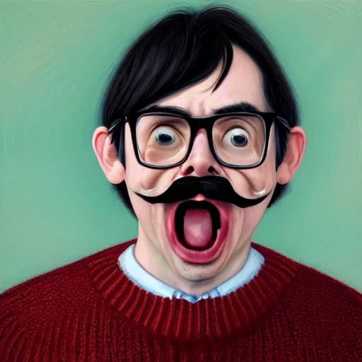 Image similar to An Oil Painting of Rivers Cuomo in a sweater with long hair and a mustache sweating bullets as he imitates The Scream pose in his apartment after seeing kim jong un's nukes falling onto the city, hyperrealistic, extremely realistic, highly realistic, HD Quality, 4k resolution, 8k resolution, Detailed, Very Detailed, Highly Detailed, Extremely Detailed, Intricate Details, Real, Very Real, Oil Painting, Digital Painting, Painting, Trending on Deviantart, Trending on Artstation